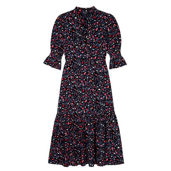 WYSE London Aimee Leopard Midi Dress Size 1 Fit S Ruffled Neckline 100% Viscose - Picture 2 of 13